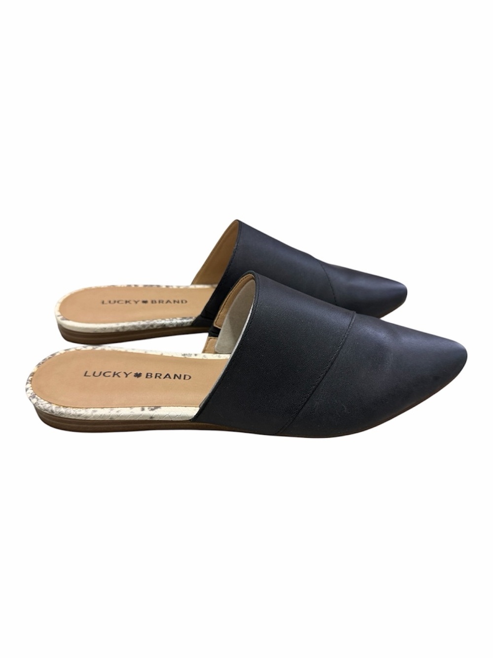 NWOB Lucky Brand Bidimin Mule in Black Leather Pointed Toe Flat Slip On Size 9.5